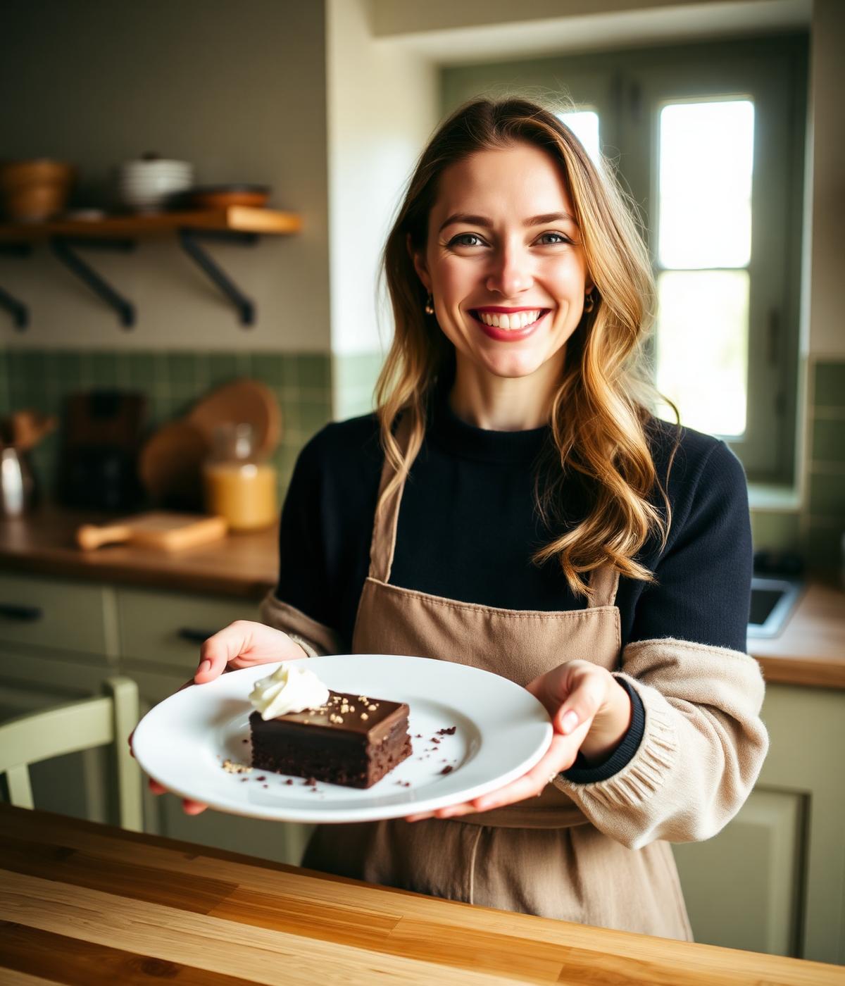 Mujer disfrutando un postre saludable en su cocina